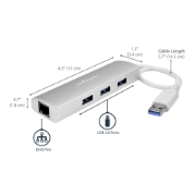 Picture of StarTech.com 3-Port Portable USB 3.0 Hub plus Gigabit Ethernet - Built-In Cable~3-Port Portable USB 3.0 Hub plus Gigabit Ethernet - 5Gbps - Built-In Cable