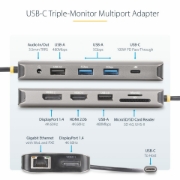 Picture of StarTech.com USB-C Triple-Monitor Multiport Adapter, Dual 4K 60Hz + 4K 30Hz HDMI & DisplayPort, 4-Port USB Hub, 100W PD Pass-Through, GbE, SD/MicroSD Card Readers