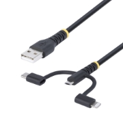 Picture of StarTech.com 3.3ft (1m) Rugged USB Multi Charging Cable, USB to Lightning/Micro-USB/Type-C, Apple MFi Certified, Aramid Jacket, Universal 3-in-1 USB Charger Cord for iPhone/iPad/Android