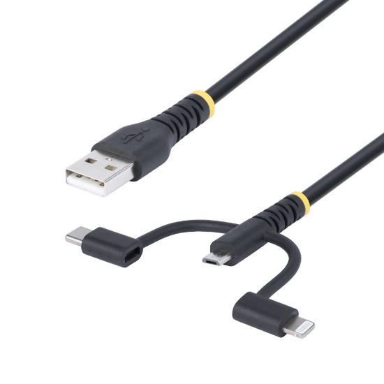 Picture of StarTech.com 3.3ft (1m) Rugged USB Multi Charging Cable, USB to Lightning/Micro-USB/Type-C, Apple MFi Certified, Aramid Jacket, Universal 3-in-1 USB Charger Cord for iPhone/iPad/Android