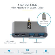 Picture of StarTech.com 4-Port USB-C Hub with 100W Power Delivery Pass-Through - 2x USB-A + 2x USB-C - USB 3.0 5Gbps - 1ft (30cm) Long Cable - Portable USB Type-C to USB-A/C Hub