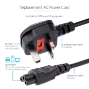 Picture of StarTech.com 3ft (1m) UK Laptop Power Cable, BS 1363 to C5 (Clover Leaf), 2.5A 250V, 18AWG, UK Laptop Replacement Cord, Printer Power Cable, Laptop Charger Cord, Laptop Power Brick Cord