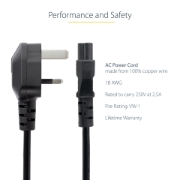 Picture of StarTech.com 3ft (1m) UK Laptop Power Cable, BS 1363 to C5 (Clover Leaf), 2.5A 250V, 18AWG, UK Laptop Replacement Cord, Printer Power Cable, Laptop Charger Cord, Laptop Power Brick Cord
