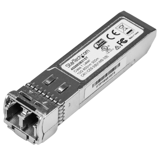 Picture of StarTech.com 10 Gigabit Fiber SFP+ Transceiver Module - HP 455883-B21 Compatible - MM LC with DDM - 300 m~HPE 455883-B21 Compatible SFP+ Module - 10GBASE-SR - 10GbE Multi Mode Fiber Optic Transceiver - 10GE Gigabit Ethernet SFP+ - LC 300m - 850nm - DDM HPE 6120XG, 6120G, Flex Fabric