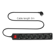 Picture of ACT Power strip with illuminated switch, 6 sockets, 3 m, black