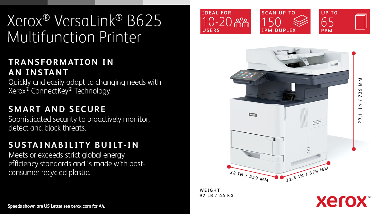 Xerox VersaLink B625 A4 61ppm Duplex Copy/Print/Scan/Fax PS3 PCL5e/6 2 ...