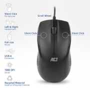 Picture of ACT Wired full-size optical mouse 1000 DPI, silent click, eco-friendly, made from recycled materials