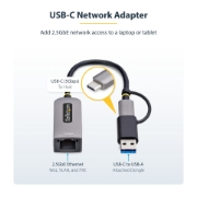 Picture of StarTech.com 2.5GbE USB-C to Ethernet Adapter with USB-A Converter, NBASE-T NIC, USB 3.0 Type-C 2.5/1G Multi Speed Network, Thunderbolt Compatible, Windows & Mac