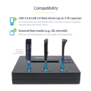 Picture of StarTech.com Standalone 1 to 2 USB Thumb Drive Duplicator and Eraser, Multiple USB Flash Drive Copier, System and File and Whole-Drive Copy at 1.5 GB/min, Single and 3-Pass Erase, LCD Display - TAA