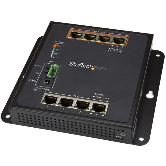 Picture of StarTech.com Industrial 8 Port Gigabit PoE Switch - 4 x PoE+ 30W - Power Over Ethernet - Hardened GbE Layer/L2 Managed Switch - Rugged High Power Gigabit Network Switch IP-30/-40C to +75C - TAA
