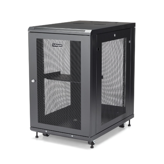 Picture of StarTech.com 4-Post 18U Server Rack Cabinet, Lockable 19" Data Rack Cabinet for Computer / AV / IT Equipment, Office / Home Network Rack with Casters & Adjustable Mounting Rails