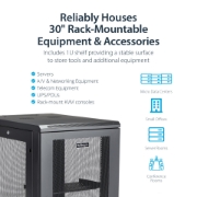Picture of StarTech.com 4-Post 18U Server Rack Cabinet, Lockable 19" Data Rack Cabinet for Computer / AV / IT Equipment, Office / Home Network Rack with Casters & Adjustable Mounting Rails