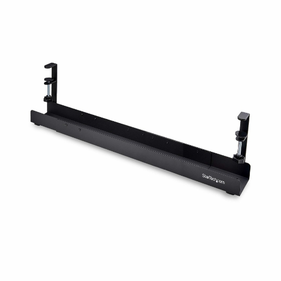 Picture of StarTech.com Under Desk Cable Management Tray, Length Adjustable Cable Organizer, Clamp-On Installation, No Drilling Required, Power Bar Holder, Black