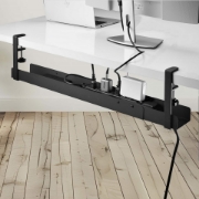 Picture of StarTech.com Under Desk Cable Management Tray, Length Adjustable Cable Organizer, Clamp-On Installation, No Drilling Required, Power Bar Holder, Black