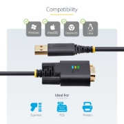 Picture of StarTech.com 6.6ft (2m) USB to Serial Adapter Cable, COM Retention, Interchangeable Screws/Nuts, USB-A to DB9 RS232, FTDI IC, ESD Protection, Windows/macOS/Linux
