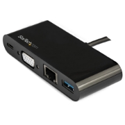 Picture of StarTech.com USB C Multiport Adapter - Mini USB-C Dock w/ Single Monitor VGA 1080p Video - 60W Power Delivery Passthrough - USB 3.1 Gen 1 Type-A 5Gbps, Gigabit Ethernet - Docking Station