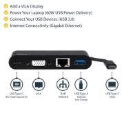 Picture of StarTech.com USB C Multiport Adapter - Mini USB-C Dock w/ Single Monitor VGA 1080p Video - 60W Power Delivery Passthrough - USB 3.1 Gen 1 Type-A 5Gbps, Gigabit Ethernet - Docking Station