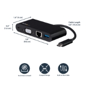 Picture of StarTech.com USB C Multiport Adapter - Mini USB-C Dock w/ Single Monitor VGA 1080p Video - 60W Power Delivery Passthrough - USB 3.1 Gen 1 Type-A 5Gbps, Gigabit Ethernet - Docking Station