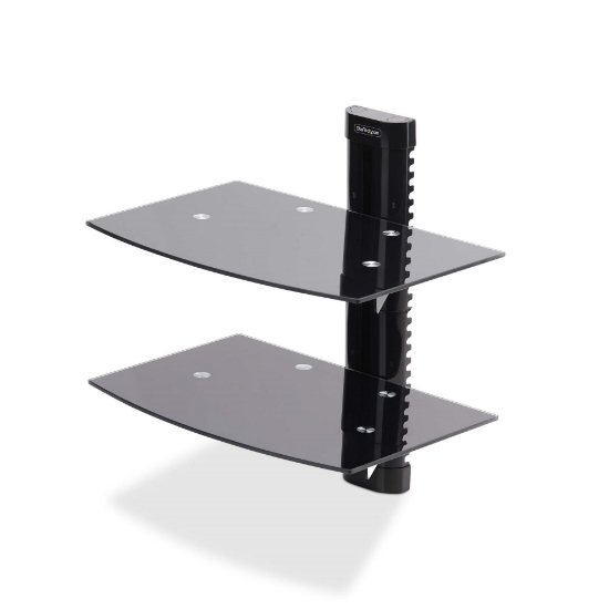 Picture of StarTech.com Dual Floating Wall-Mounted AV Shelves, Adjustable Height Shelf For Under TV, Organize A/V Equipment On Black Tempered Glass Shelves