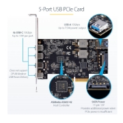 Picture of StarTech.com 5-Port USB PCIe Card, USB 3.2 10Gbps, PCI Express Card with 4x USB-C Ports, 1x USB-A Internal Port, USB PCIe Controller Card, Windows/macOS/Linux