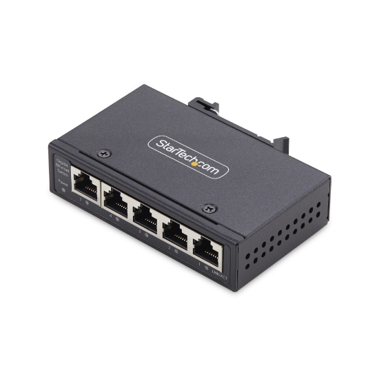 Picture of StarTech.com 5-Port Unmanaged Industrial Network Switch, 100/1000 Ethernet, DIN Rail/Wall-Mountable, Rugged IP30 Gigabit Switch, -40F-167F, 9~60V DC, TAA Compliant