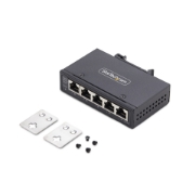 Picture of StarTech.com 5-Port Unmanaged Industrial Network Switch, 100/1000 Ethernet, DIN Rail/Wall-Mountable, Rugged IP30 Gigabit Switch, -40F-167F, 9~60V DC, TAA Compliant