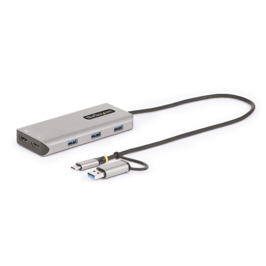Picture of StarTech.com USB-C Multiport Adapter w/Attached USB-C to USB-A Dongle, Dual HDMI (4K30Hz/1080p60Hz), 3x USB-A 5Gbps, Mini Travel Dock, Laptop Docking Station, 1.3ft/40cm Cable