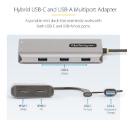 Picture of StarTech.com USB-C Multiport Adapter w/Attached USB-C to USB-A Dongle, Dual HDMI (4K30Hz/1080p60Hz), 3x USB-A 5Gbps, Mini Travel Dock, Laptop Docking Station, 1.3ft/40cm Cable
