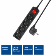 Picture of ACT Power strip with illuminated switch, 4 sockets, 2 m, black