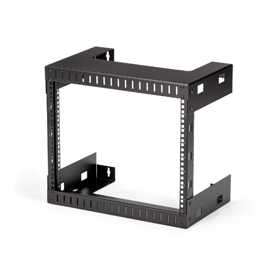 Picture of StarTech.com 8U 19" Wall Mount Network Rack - 12" Deep 2 Post Open Frame Server Room Rack for Data/AV/IT/Computer Equipment/Patch Panel with Cage Nuts & Screws 135lb Capacity, Black (RK812WALLO)