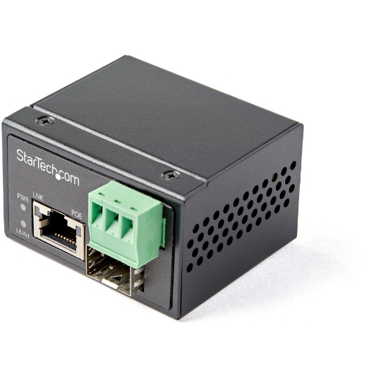 Picture of StarTech.com PoE+ Industrial Fiber to Ethernet Media Converter 30W - SFP to RJ45 - Singlemode/Multimode Fiber to Copper Gigabit Ethernet - Mini/Compact Size - IP-30/ -40 to +75C