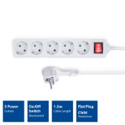 Picture of ACT Power strip with illuminated switch and flat plug, 5 sockets, 1.5 m, white