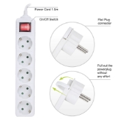 Picture of ACT Power strip with illuminated switch and flat plug, 5 sockets, 1.5 m, white