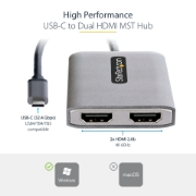 Picture of StarTech.com USB-C to Dual HDMI MST HUB - Dual HDMI 4K 60Hz - USB Type C Multi Monitor Adapter for Laptop w/ 1ft/30cm cable - DP 1.4 Multi-Stream Transport Hub - USB-C to HDMI Splitter