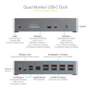 Picture of StarTech.com USB C Dock - 4K 60Hz Quad Monitor DisplayPort & HDMI - Universal USB-C Docking Station with 100W Power Delivery - USB Hub with 1x USB Type-C & 3x USB-A, Ethernet, Audio