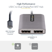 Picture of StarTech.com USB-C to Dual Displayport 1.4 Adapter, USB Type-C Multi-Monitor MST Hub, Dual 5K 60Hz DP Laptop Display Extender / Splitter, HDR, Extra-Long Built-In Cable - Windows Only
