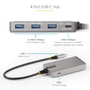 Picture of StarTech.com 4-Port USB-C Hub with USB-C DP Alt Mode Video Output 4K 60Hz - 3x USB-A, 1x USB Type-C, 100W Power Delivery Pass-Through, USB 3.2 10Gbps, 1ft/30cm Cable, Portable USB Hub