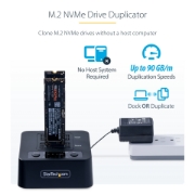 Picture of StarTech.com 1:1 M.2 NVMe Drive Duplicator, Standalone M.2 SSD Cloner/Copier up to 90GBpm, USB 3.2 20Gbps M.2 Dual-Bay Drive Dock, USB-C/A Cables Included