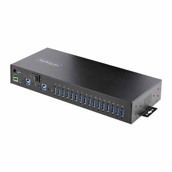 Picture of StarTech.com 16-Port Industrial USB 5Gbps Hub with Power Adapter, Metal Enclosure, Mountable, ESD Protection, Terminal Block Power, USB Charging, Dual-Host Switch - TAA