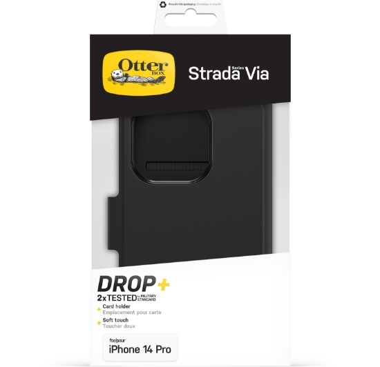 Afbeeldingen van OtterBox Strada Via Case voor iPhone 14 Pro, Schokbestendig, Valbestendig, Slank, Soft Touch Beschermende Folio Case met Kaarthouder, 2x Getest volgens Militaire Standaard, Zwart