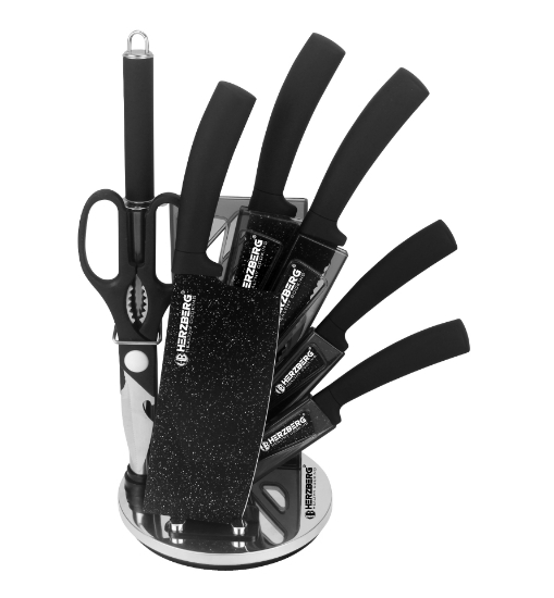 Image de Herzberg Ensemble de 8 couteaux avec support en acrylique - Marbre Noir