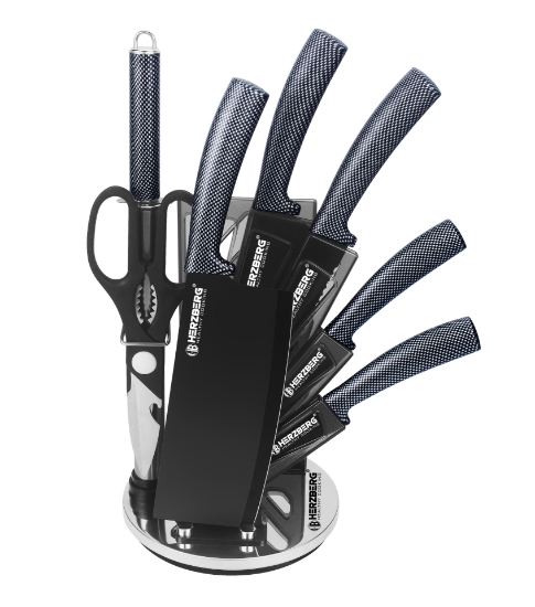 Image de Herzberg Ensemble de 8 couteaux avec support en acrylique - Carbone