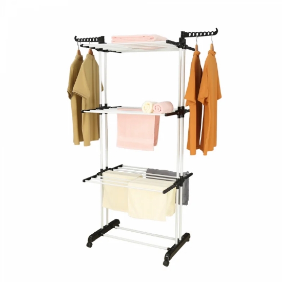 Image de Herzberg HG-8034BW: Porte-vêtements mobile - plastique noir avec tubes blancs