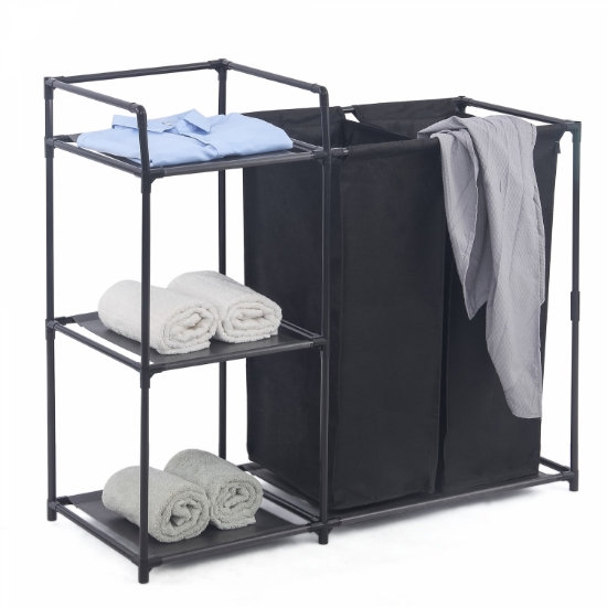 Image de Herzberg HG-04531: Trieur de Linge à 2 Sacs Détachables Avec Etagère de Rangement à 3 Niveaux