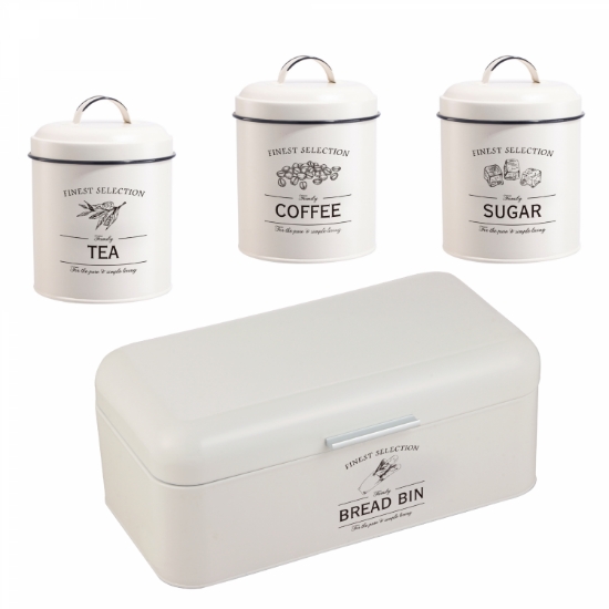 Image de Herzberg HG-04418: Ensemble boîte à pain et boîte à conserve vintage 4 pièces - Crème mate