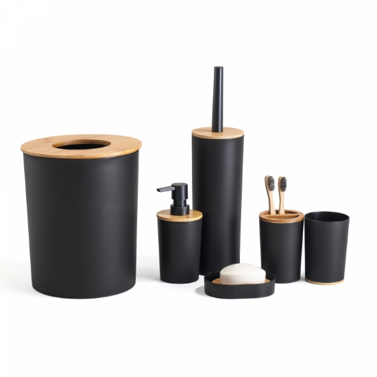 Image de Herzberg HG-04456 : Ensemble de salle de bain en bambou 6 pièces - Noir mat