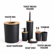 Image de Herzberg HG-04456 : Ensemble de salle de bain en bambou 6 pièces - Noir mat