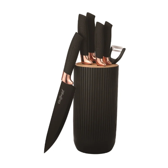 Picture of Cheffinger CF-KB01: 7 Pieces Knife Set - Black with Rose Gold Trim