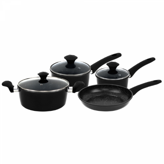 Image de Herzberg HG-04654BLK: Batterie De Cuisine En Fonte Avec Revêtement En Marbre 7 Pièces - Noir