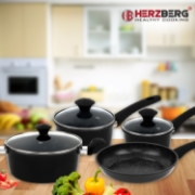 Image de Herzberg HG-04654BLK: Batterie De Cuisine En Fonte Avec Revêtement En Marbre 7 Pièces - Noir